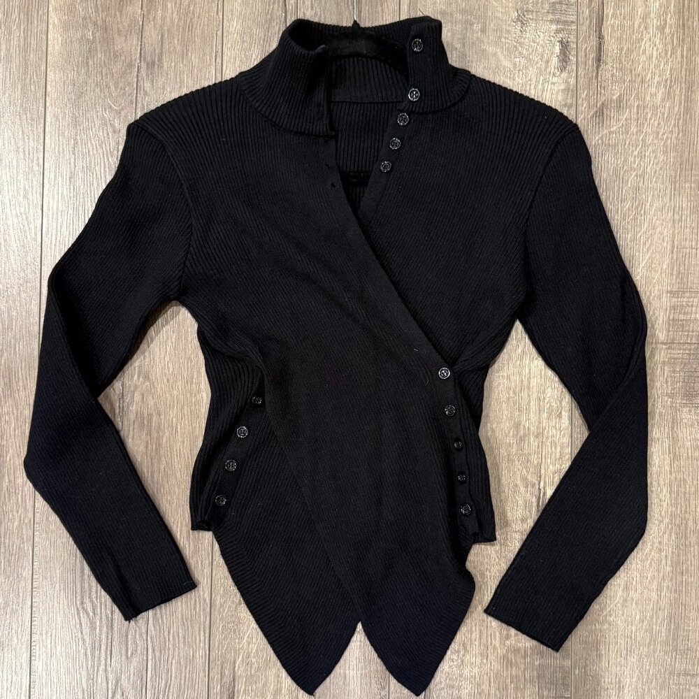 Black Ribbed Asymmetrical Wrap Sweater Button Detail XS/S